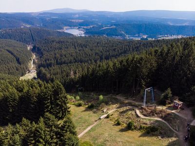 Das Bild zeigt einen Bikepark von oben. 