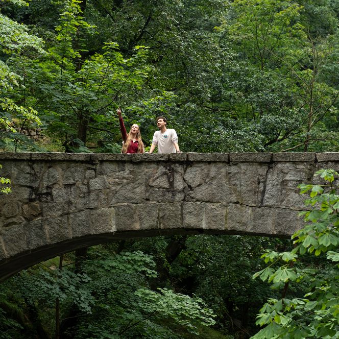 Umgeben vom satten Grün der Bäume steht ein Paar auf der Jungfernbrücke im Tal der Bode bei Thale.
