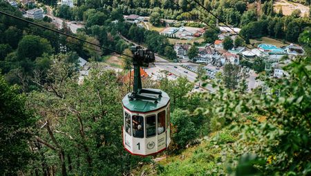 Das Bild zeigt eine Gondel der Burgberg-Seilbahn von oben. Im Hintergrund sind Bäume und die Stadt Bad Harzburg zu sehen. 