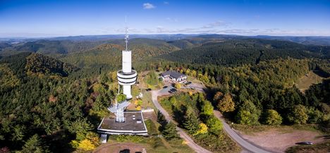 Das Bild zeigt den Ravensberg in Bad Sachsa aus der Luft aufgenommen. Es sind ein Turm und ein Haus von oben zu sehen. 