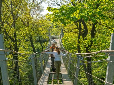 Das Bild zeigt zwei Personen, die dem Betrachter auf einer Hängebrücke mitten in den grünen Baumkronen entgegen kommen.