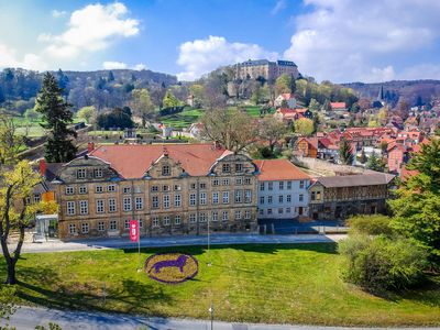 Das Bild zeigt eine Luftaufnahme vom kleinen Schloss und den Barocken Gärten Blankenburg.