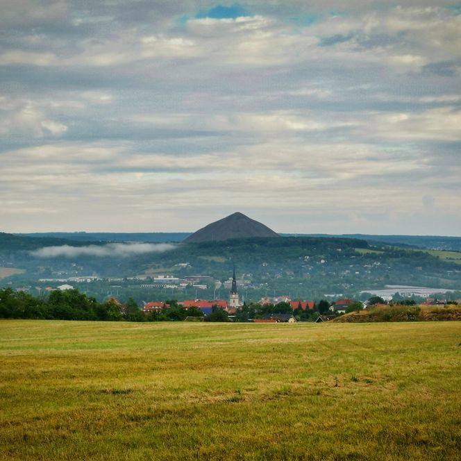 Weite Landschaft mit Blick auf Sangerhausen und die markante Abraumhalde im morgendlichen Dunst.