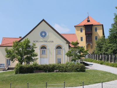 Das Bild zeigt ein Gebäude, das Schlosstheater mit dem gelb gestrichenen Schloss im Hintergrund. 